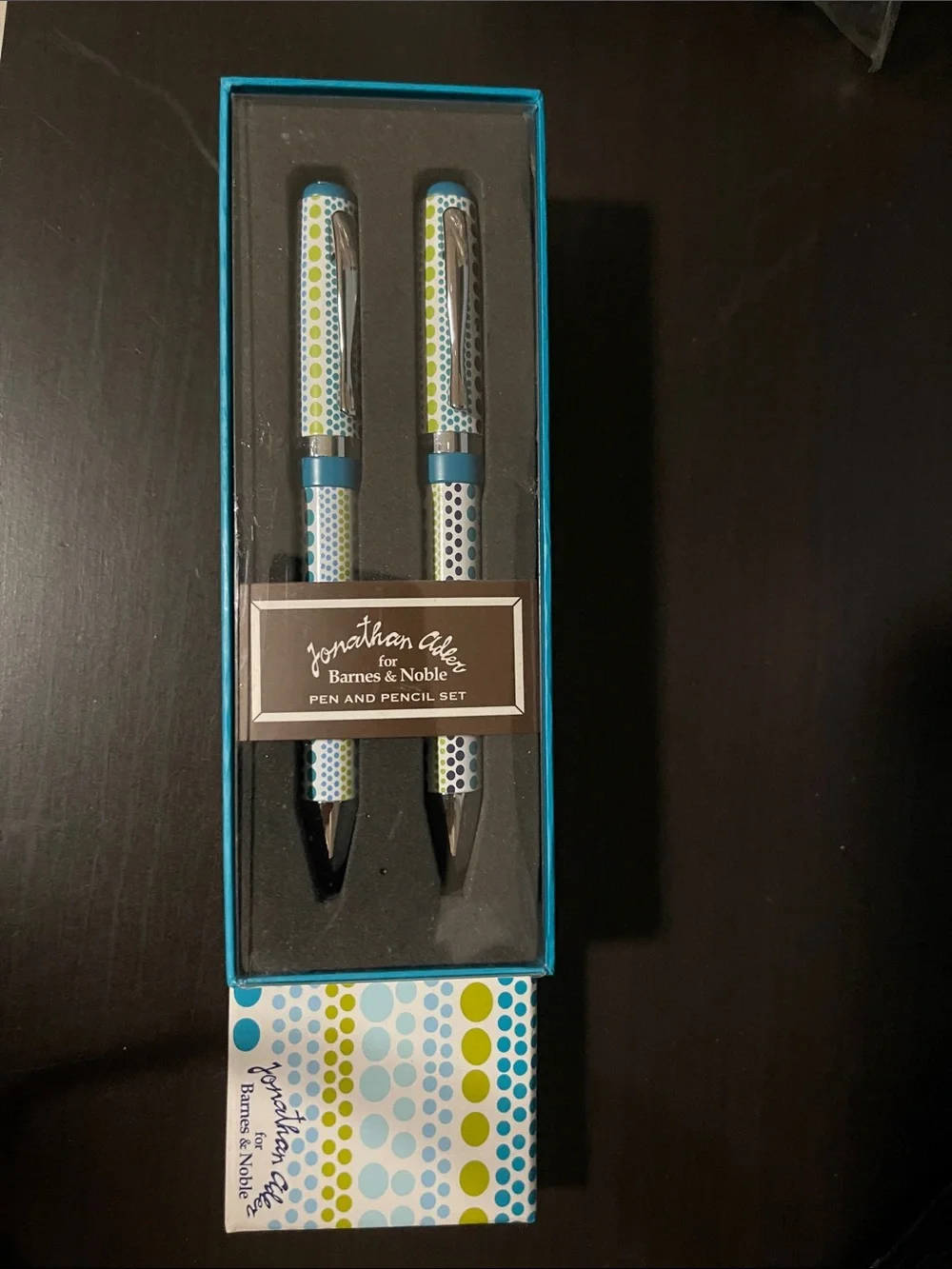 New Jonathan Adler Blue and Green Polka Dot Pen & Pencil Set